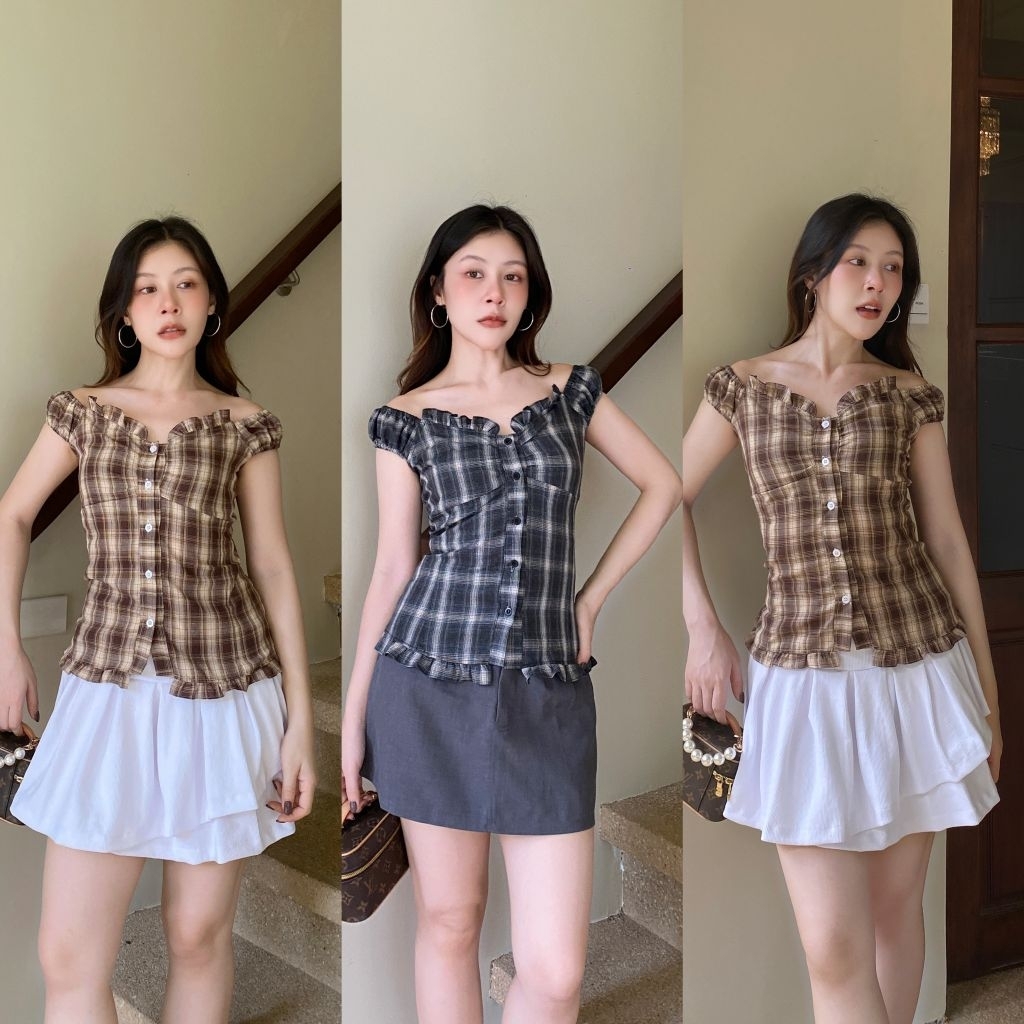 TARTAN TOP เสื้อเปิดไหล่ลายสก็อตน่ารักมาก
