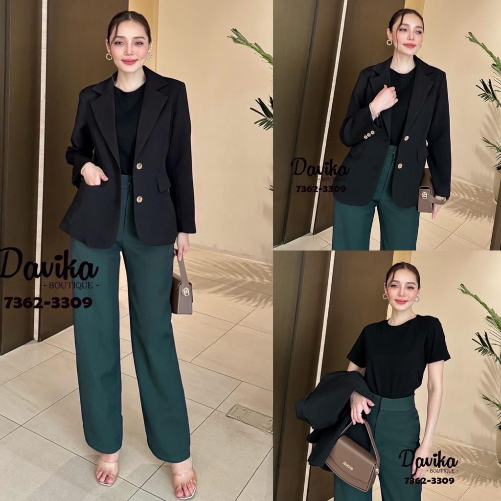 พร้อมส่ง เติม SML⚡️Davika 7362 ชุดเซ็ตผู้หญิง เสื้อสูทสีดำ+เสื้อยืดสีดำ+กางเกงขายาวสีเขียวโทนหรู CEOสไตล์ ลักชูสุดๆ