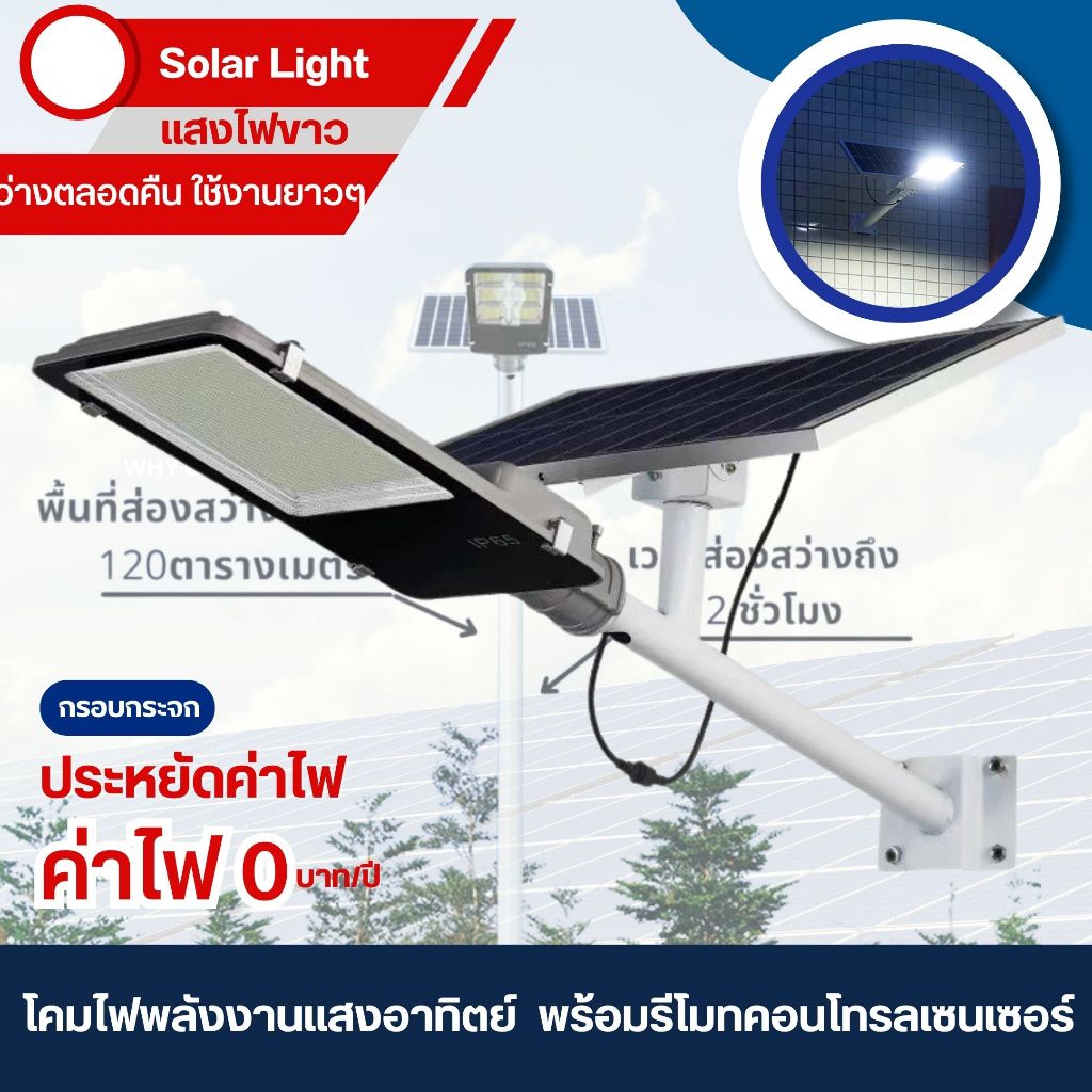 ✨พร้อมส่ง✨ไฟโซล่าเซลล์ Solar Light LED โคมไฟถนนโซลล่าเซลล์ แสงขาว พลังงานแสงอาทิตย์ กรอบกระจก  IP66 