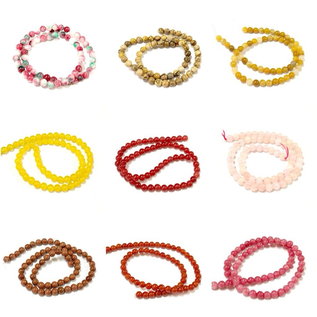 หินนำโชค 6มิล แบบเส้นยาว 37ซม โรสควอซ อำพัน หยกน้ำผึ้ง สีชมพู เหลือง แดง ใช้ร้อยกำไล สร้อย เครื่องประดับ