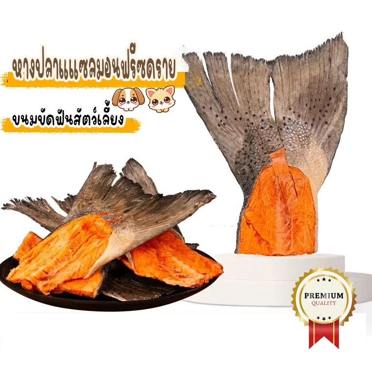 ขนมขัดฟันสัตว์เลี้ยง หางปลาเเซลมอนฟรีซดราย ขนมหมา-แมว เเพ็ค1ชิ้น