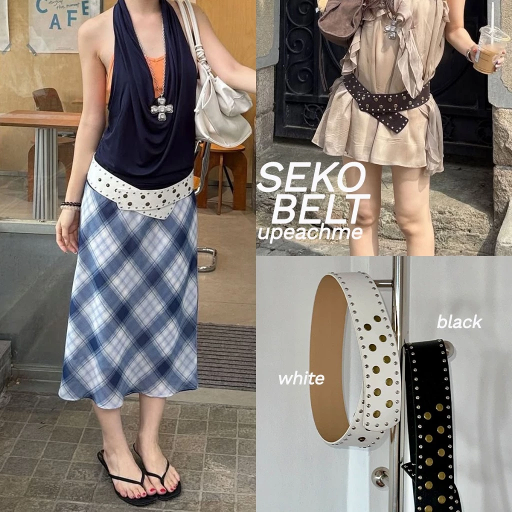 upeachme(Z0002) Seko Belt [เอว24-38"] เข็มขัดหนังตอกหมุดสีทองสไตล์เกาหลี เข็มขัดหนังพสจีน เข็มขัดหนังเส้นใหญ่