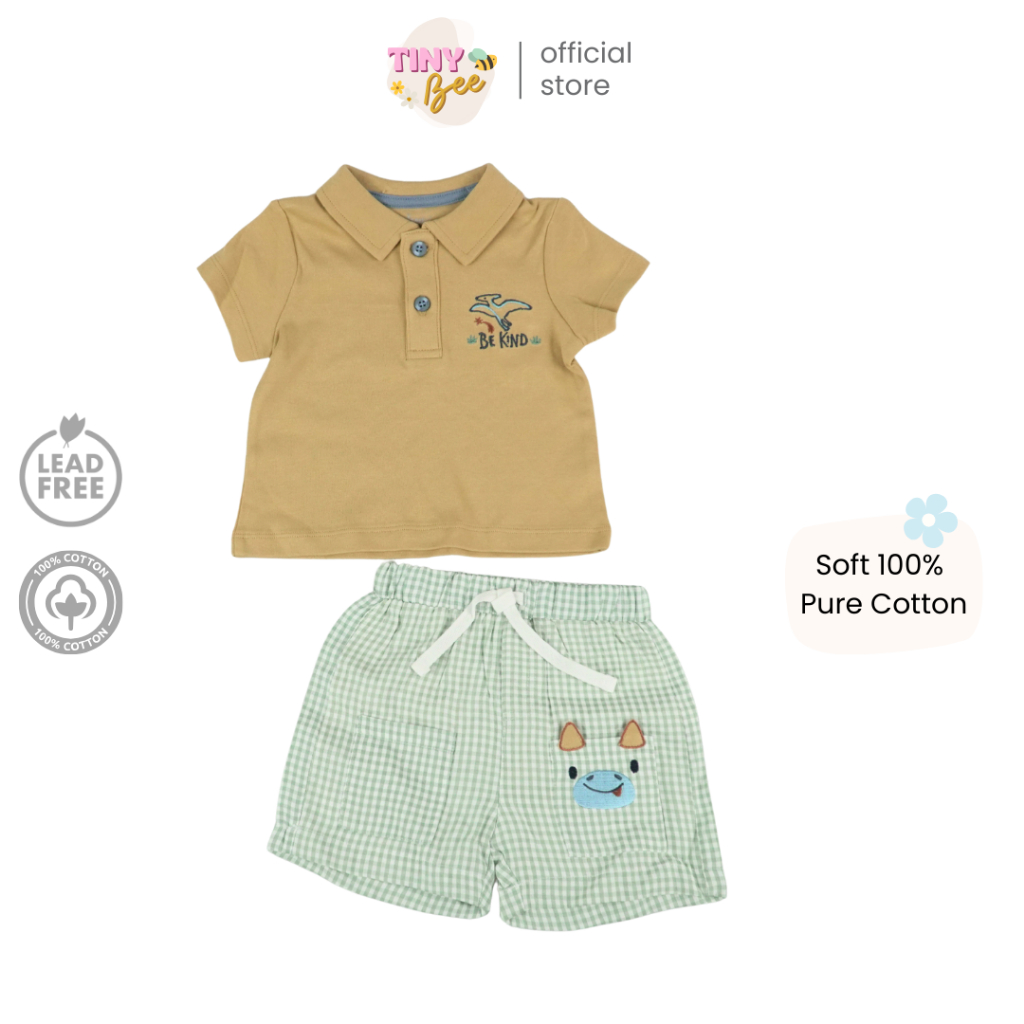 TinyBee ชุดเซ็ตเสื้อผ้าฝ้ายพร้อมกางเกงขาสั้น ชุดเด็กผู้ชาย สีเหลืองมัสตาร์ด อายุ 3-24 เดือน