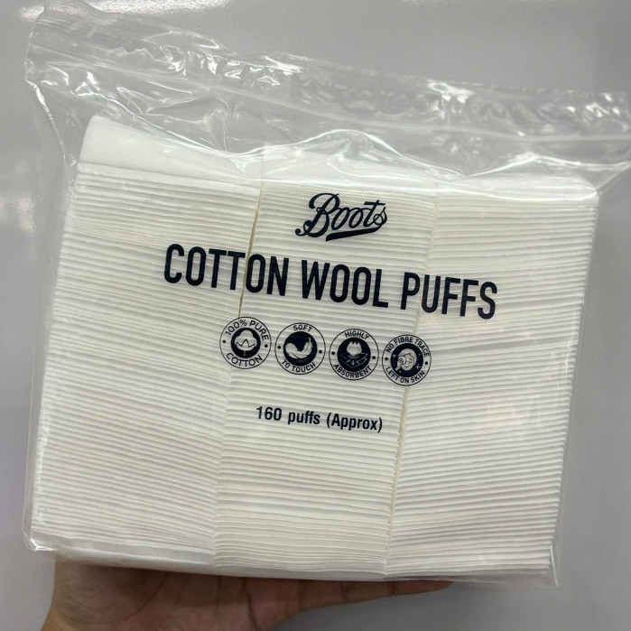 สำลีเช็ดเครื่องสำอาง Boots Cotton Wool Puff บู๊ทส์ คอทเทิน วูล พัฟส์ สำลีแผ่นรีดขอบ 160แผ่น