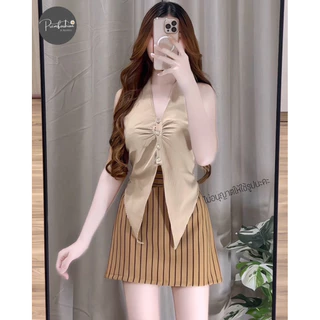 @PREM🌸ชุดเซ็ต 2 ชิ้นเสื้อคล้องคองานเวียดสวยไฮโซพร้อมกระโปรงลายริ้วสั้น