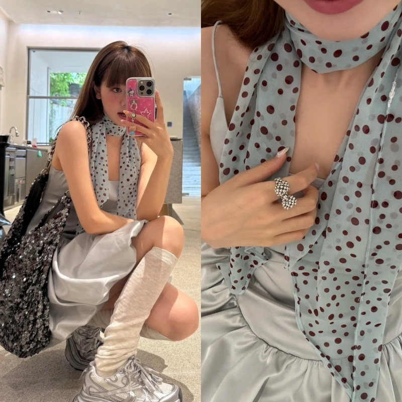 Luna Light Dot Chiffon Neck Scarf ลูน่าผ้าโชคเกอร์ผูกคอแฟชั่นเกาหลี ลายจุดสีฟ้าพาสเทล น่ารัก สดใส ลายจุดสไตล์วินเทจ
