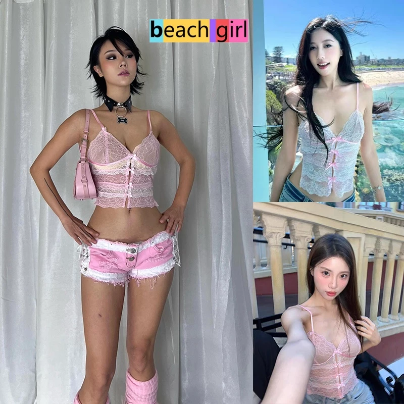 💗beachgirl💗คอวี ลูกไม้ เสื้อแขนกุด บางและเบา เปลือยหลัง สีชมพู เสื้อเชิ้ตสายเดี่ยว เชือกผูก สไตล์เกาหลี