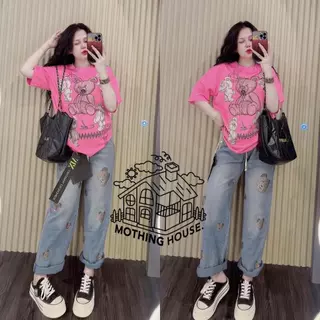 No.Set5590 ชุดเซ็ท2ชิ้น เสื้อแขนสั้น+กางเกงขายาว*ผ้ายีนส์เทียม* สกรีนลายหมีหลายตัว ชุดเซ็ท เสื้อผ้าแฟชั่น