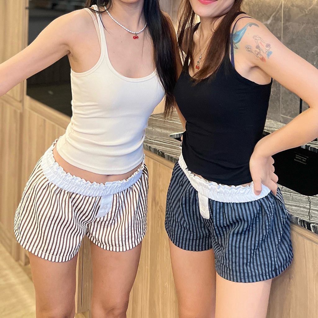 รุ่นLemon🍋 กางเกงขาสั้นลายริ้ว พับขอบได้ boxerทรงผญ ฟรีไซร์