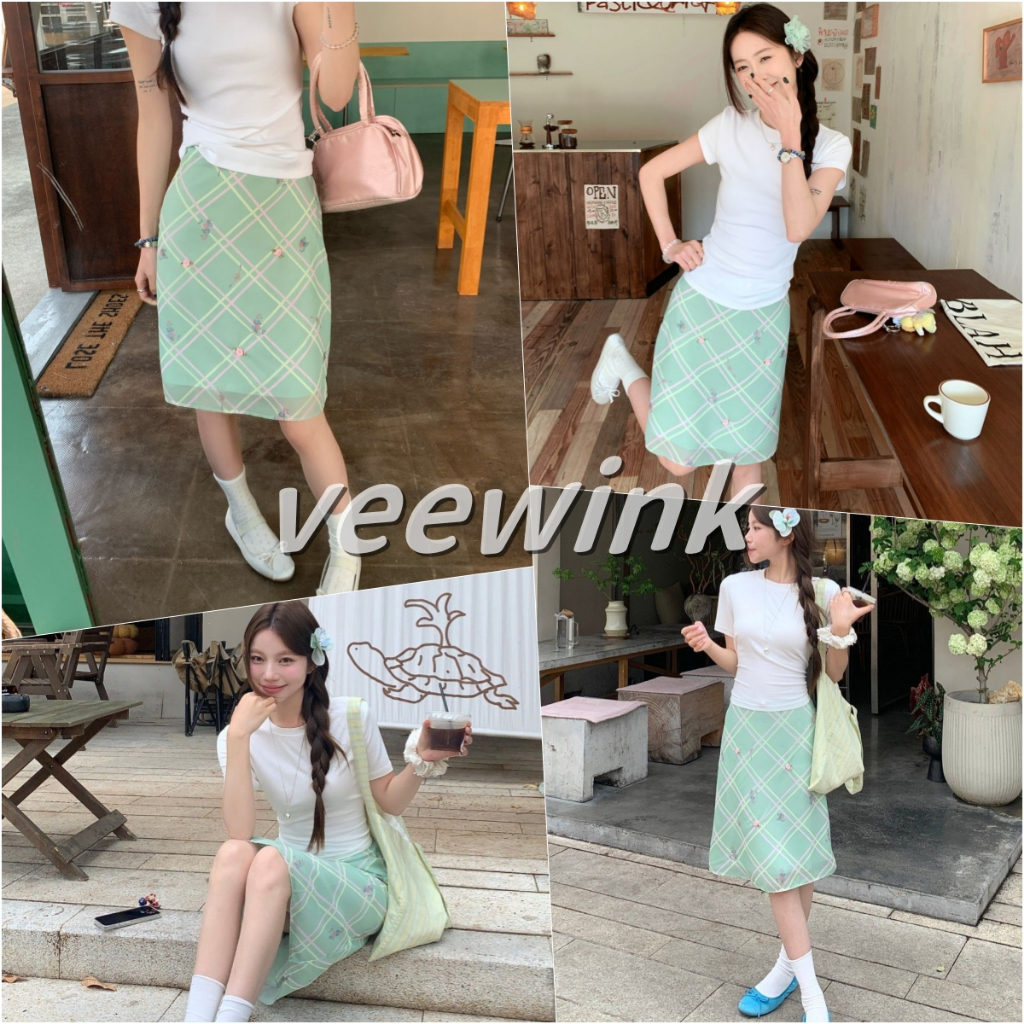Veewink พร้อมส่งจากกทม กระโปรงแฟชั่นผู้หญิง สูงเอว สีเขียวอ่อน เนื้อตาข่าย ฮิปส์เตอร์ กระชับสวย น่ารัก