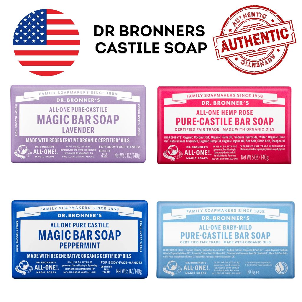 Dr. Bronner's - Pure-Castile Bar Soap (Lavender, Peppermint, Unscented 5 ounce) - Made with Organic Oils, Face and Body