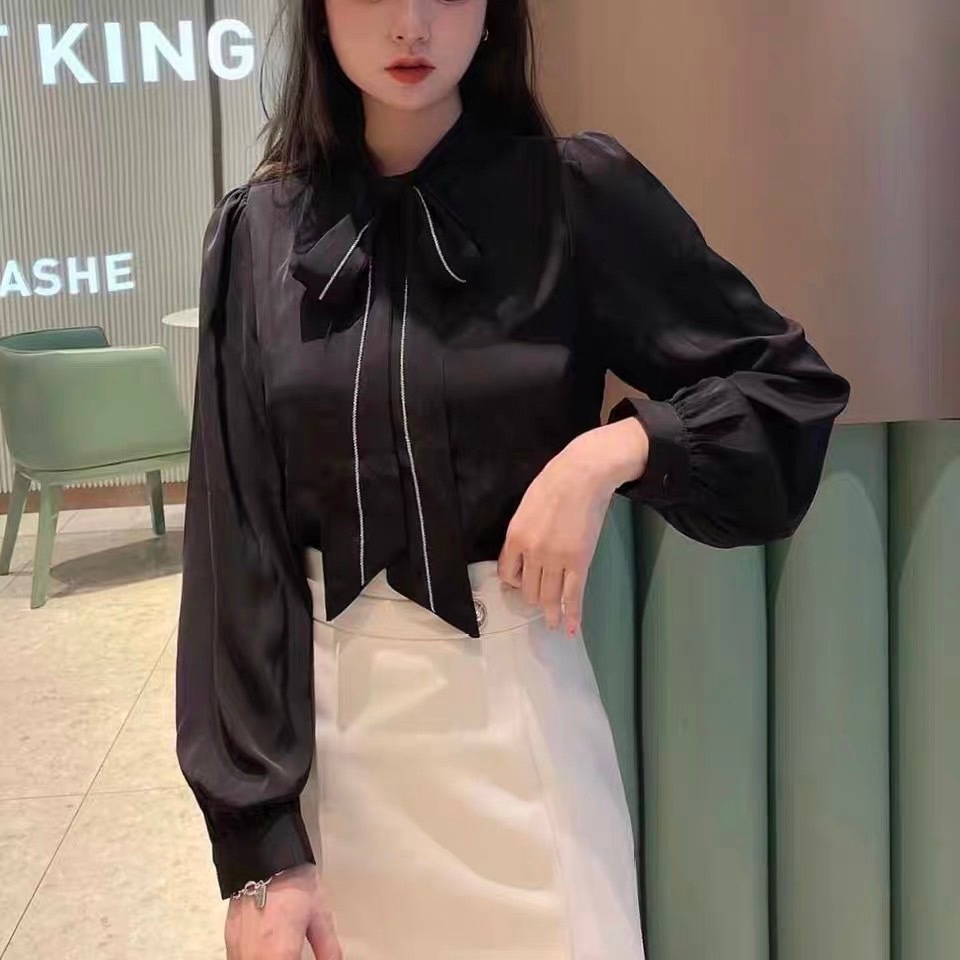 เสื้อทำงานผู้หญิงผ้าชีฟอง เสื้อแขนยาวออกแบบผูกโบว์ข้างหน้าสไตล์เกาหลี