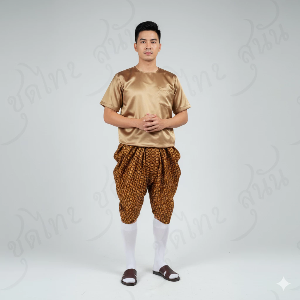 ชุดไทย ชุดไทยลำลอง ชุดพื้นเมืองชาย โจงกระเบนผ้าลายไทย+เสื้อคอกลม