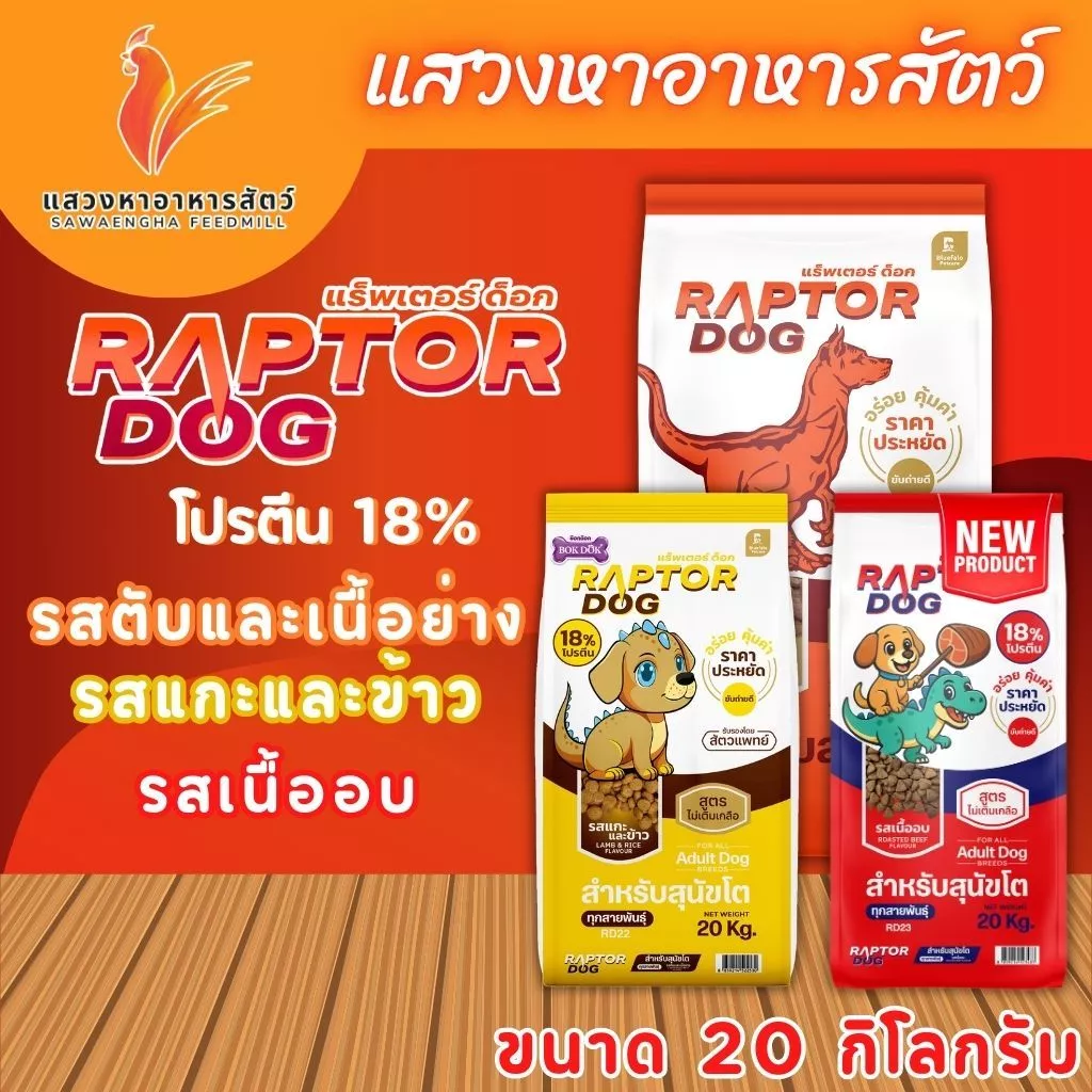 แร็พเตอร์ ด็อก อาหารสุนัขสำหรับสุนัขโต มี 2 รสชาติให้เลือก ขนาด 20 กก.
