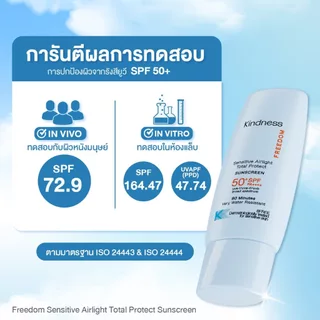 กันแดด Kindness Freedom Sunscreen SPF 50+ PA++++ อ่อนโยนต่อผิวแพ้ง่าย เบาบาง กันน้ำ เนียนไบรด์ 30ml