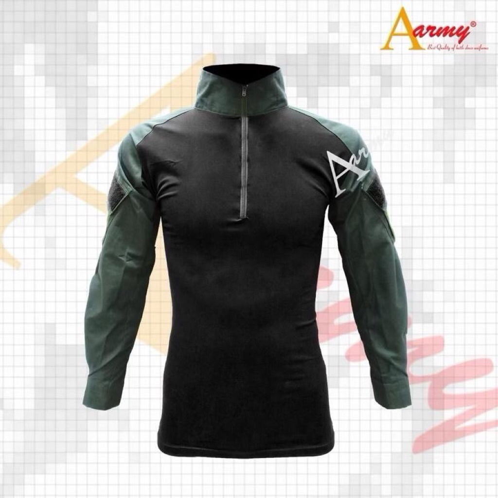 เสื้อคอมเเบตเชิ้ต Combat Shirt ดำ ผ้ากันลมเขียว / Spandex ลำตัวดำ แขนผ้ากันลมเขียว