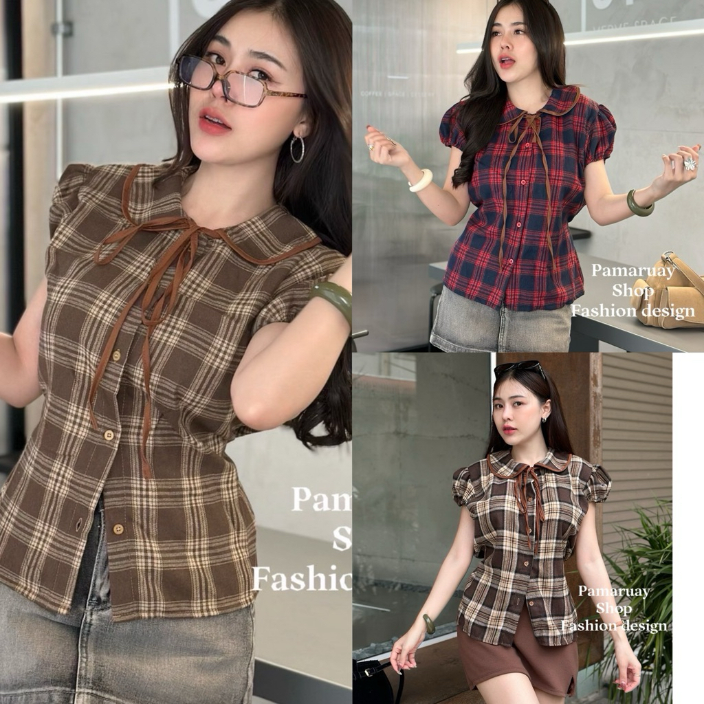 เสื้อคอบัว (P901)(P908)แขนตุ๊กตา(อก 40-42)กระดุมหน้า ผ้า cotton ลายสก็อต งานป้าย pamaruay