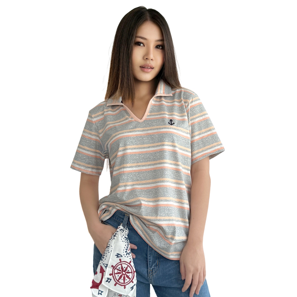 PORTLAND เสื้อยืดโปโล แขนสั้น ลายทาง สีเทา / Striped Cotton Blend Polo T-shirt (Gray)
