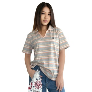 PORTLAND เสื้อยืดโปโล แขนสั้น ลายทาง สีเทา / Striped Cotton …