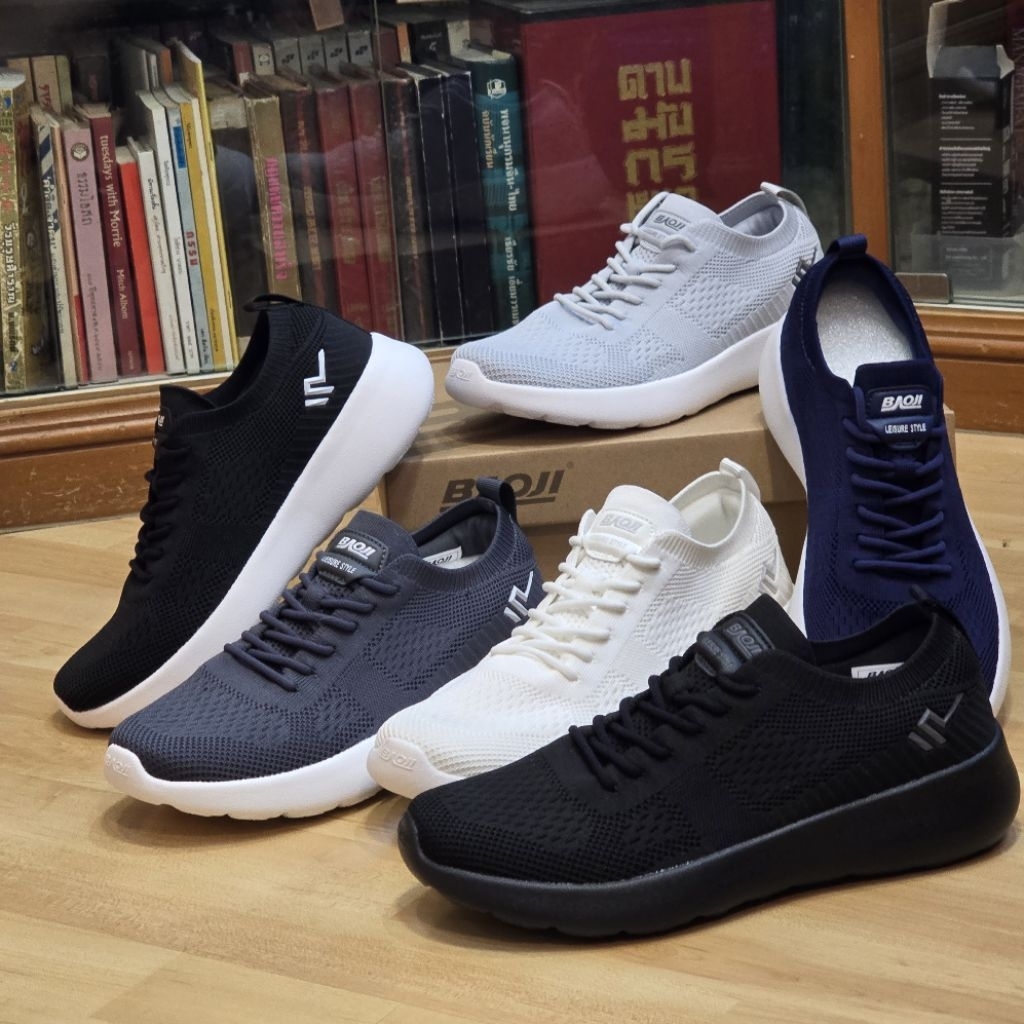 รองเท้าผ้าใบแบบสวมเชือกหลอก BJM877 BJW1039 สีขาว สีดำล้วน สีเทา สีกรม 37-41 41-45