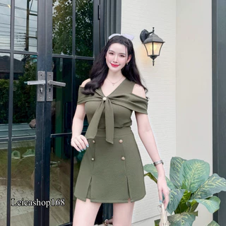 สินค้าพร้อมส่ง ชุดเซตตสั้น กางเกงกระโปรง ผ้าวูลเวฟ เสื้อแขนเว้าไหล่โบว์หน้าแต่งกระดุมเมอแรง+ กางเกงกระโปรงเอวเรียบ