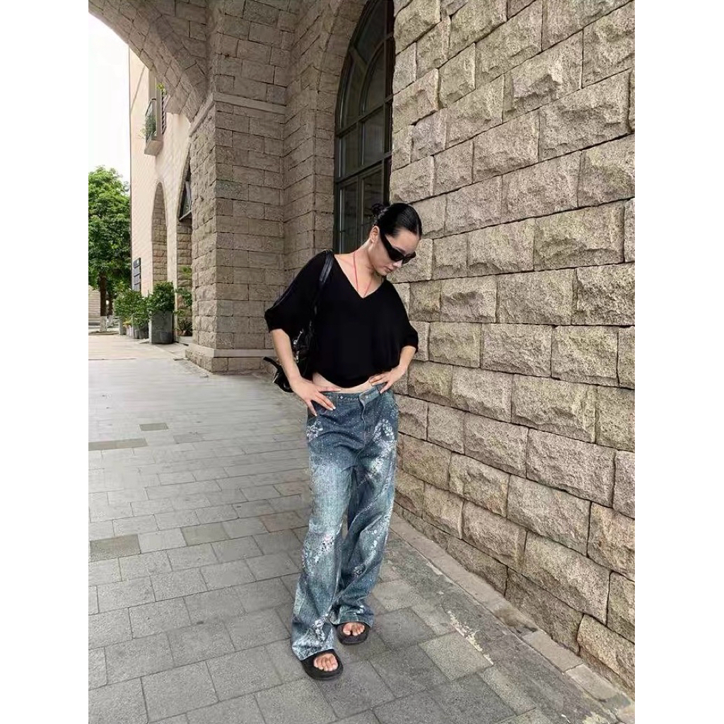 กางเกงยีนส์ขายาว เอวกลาง ขาม้า พิมพ์ลายโบว์ 3D แต่งรีดเพชร สุดหรู 8206