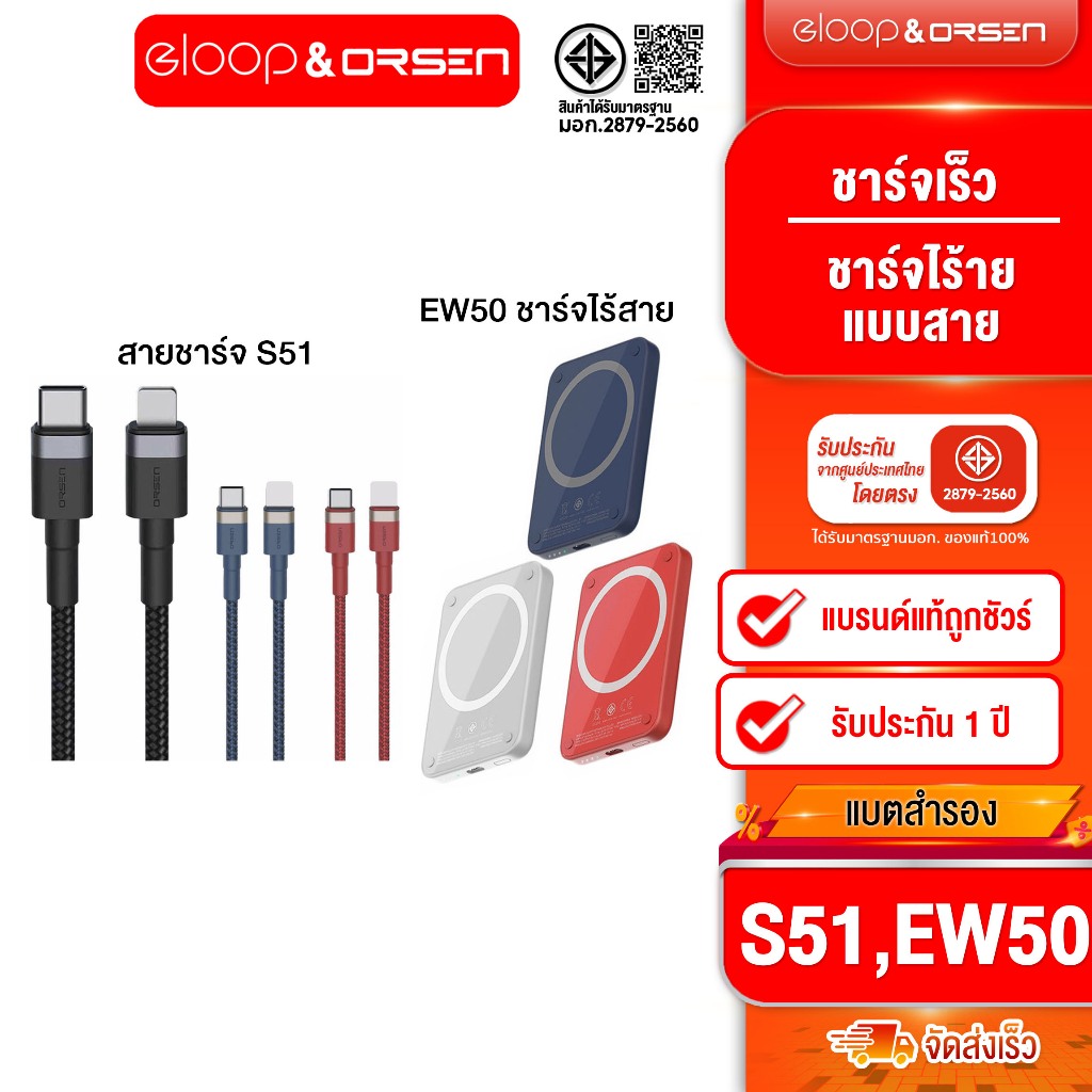 [ติดตาม รับส่วนลด] Eloop EW50 แบตสำรองไร้สาย 4200mAh 15W +  Eloop S51 สายชาร์จ3A 20W รองรับ i Phone 