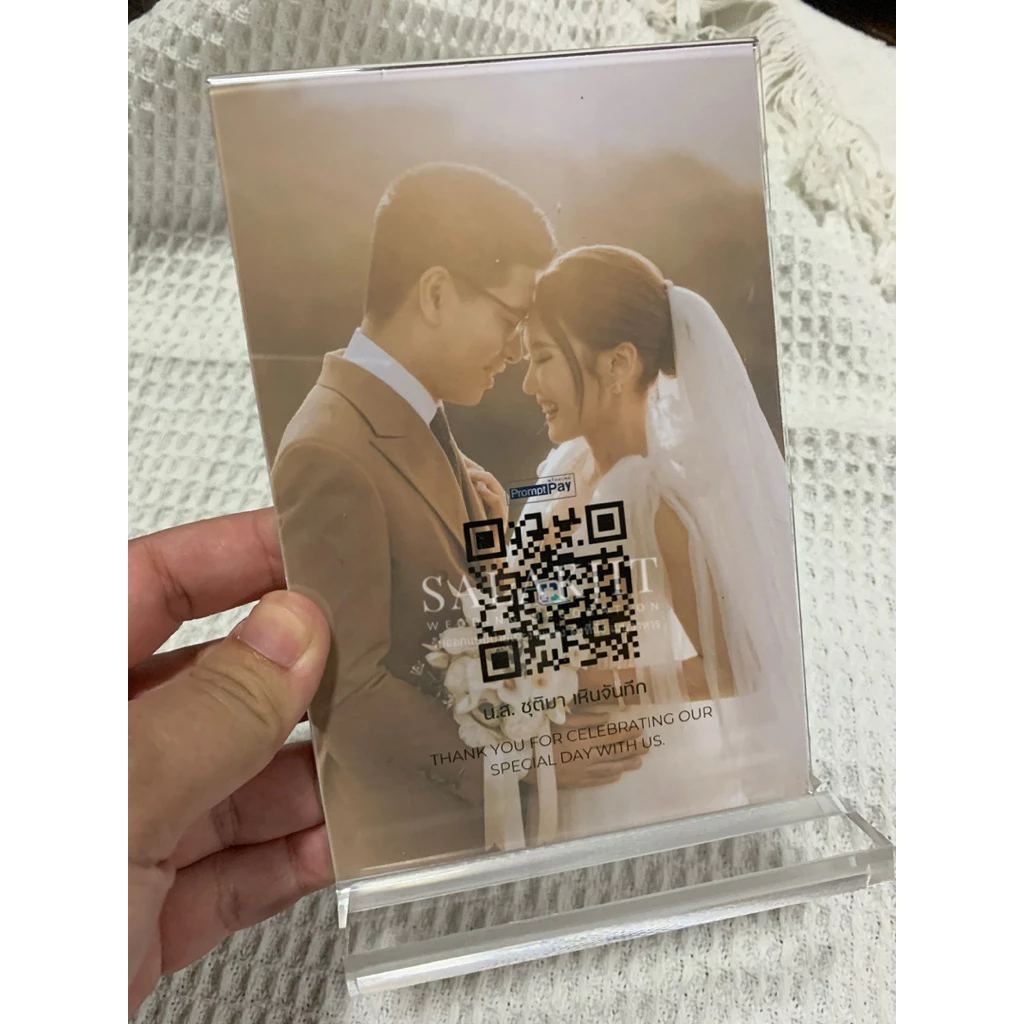 ป้ายสแกนคิวอาร์โค้ดพร้อมที่ตั้งอะคริลิค สองด้าน QR code ขนาด A6 ป้ายสแกนโต๊ะรับซอง ป้ายสแกนงานแต่ง