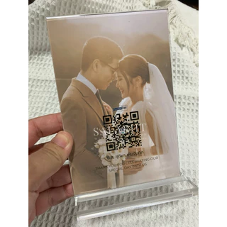 ป้ายสแกนคิวอาร์โค้ดพร้อมที่ตั้งอะคริลิค สองด้าน QR code ขนาด A6 ป้ายสแกนโต๊ะรับซอง ป้ายสแกนงานแต่ง