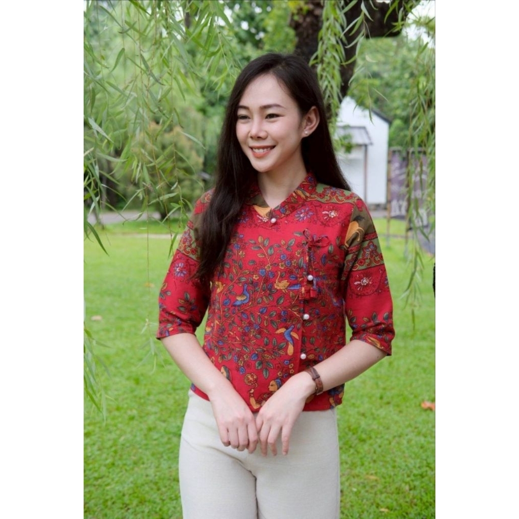 เสื้อผ้าฝ้ายคอจีนผสมลินินแขนสามส่วน