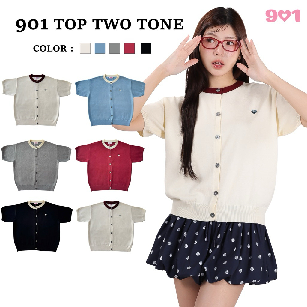 901 Top-01 : Two Tone เสื้อไหมพรมแขนสั้น คอกลม ดีเทลขอสี เสื้อแขนสั้นคอกลม