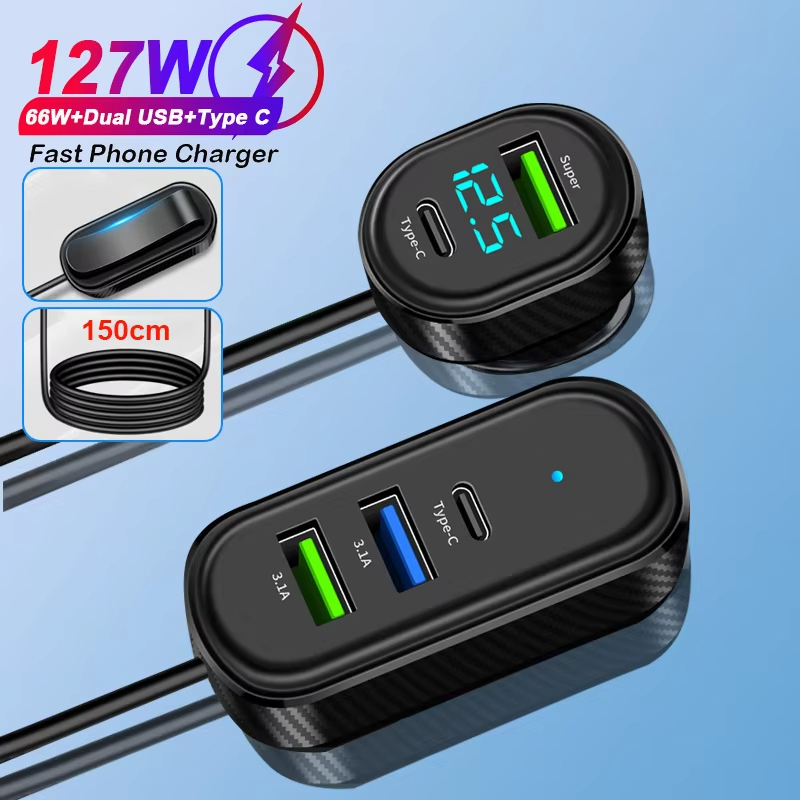 เครื่องชาร์จเคเบิลเคเบิลยาว เครื่องชาร์จ Ultra-Fast Charging 5-Port USB Charger 12V/24V รถชาร์จโทรศัพท์ Adpater สำหรับ