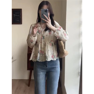STYLE#เสื้อเชิ้ตแขนยาวผู้หญิง สไตล์เกาหลี สุภาพสตรี หลวม วินเทจ ปักดอกไม้ คอวี เสื้อเบลาส์ รุ่น#99189