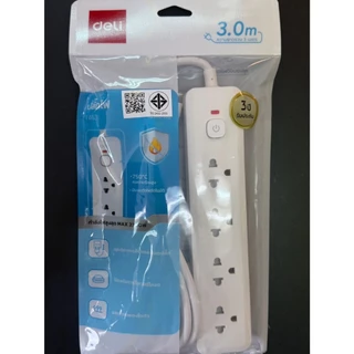 Deli ปลั๊กไฟ ปลั๊กพวง 3ตา วัสดุทนไฟ750 ํC กำลังไฟสูงสุด 2300W สายไฟยาว 3 5เมตร มาตรฐาน มอก รับประกัน 3ปี Power Socket