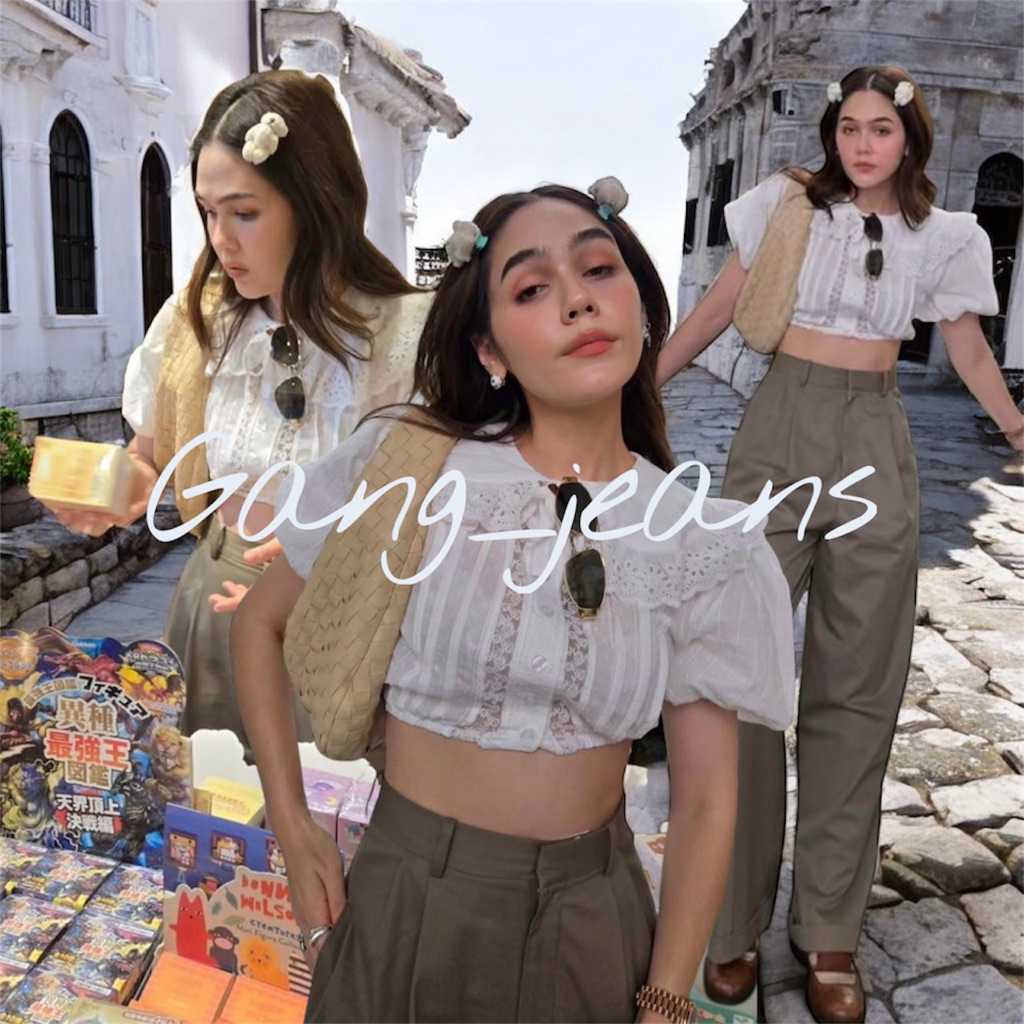 Gang_jeans(Mo)เสื้อครอปแขนพัฟลูกไม้คอปกโบว์ผูก รุ่นแม่ชม