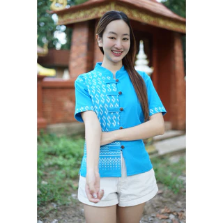 เสื้อลายขอทูโทนแต่งครึ่ง 5กระดุม (มีทั้งหมด 13สี)