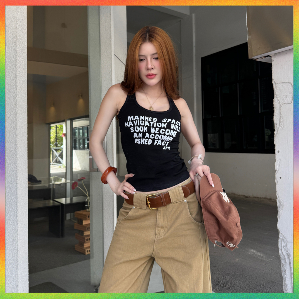 MesubShop เสื้อกล้าม กล้ามเว้าหลัง สกรีนลาย สไตล์ Y2K พร้อมส่ง ผ้ายูนิยืดเยอะมาก สาวอวบใส่ได้ รุ่น กล้ามยูนิ MANKED
