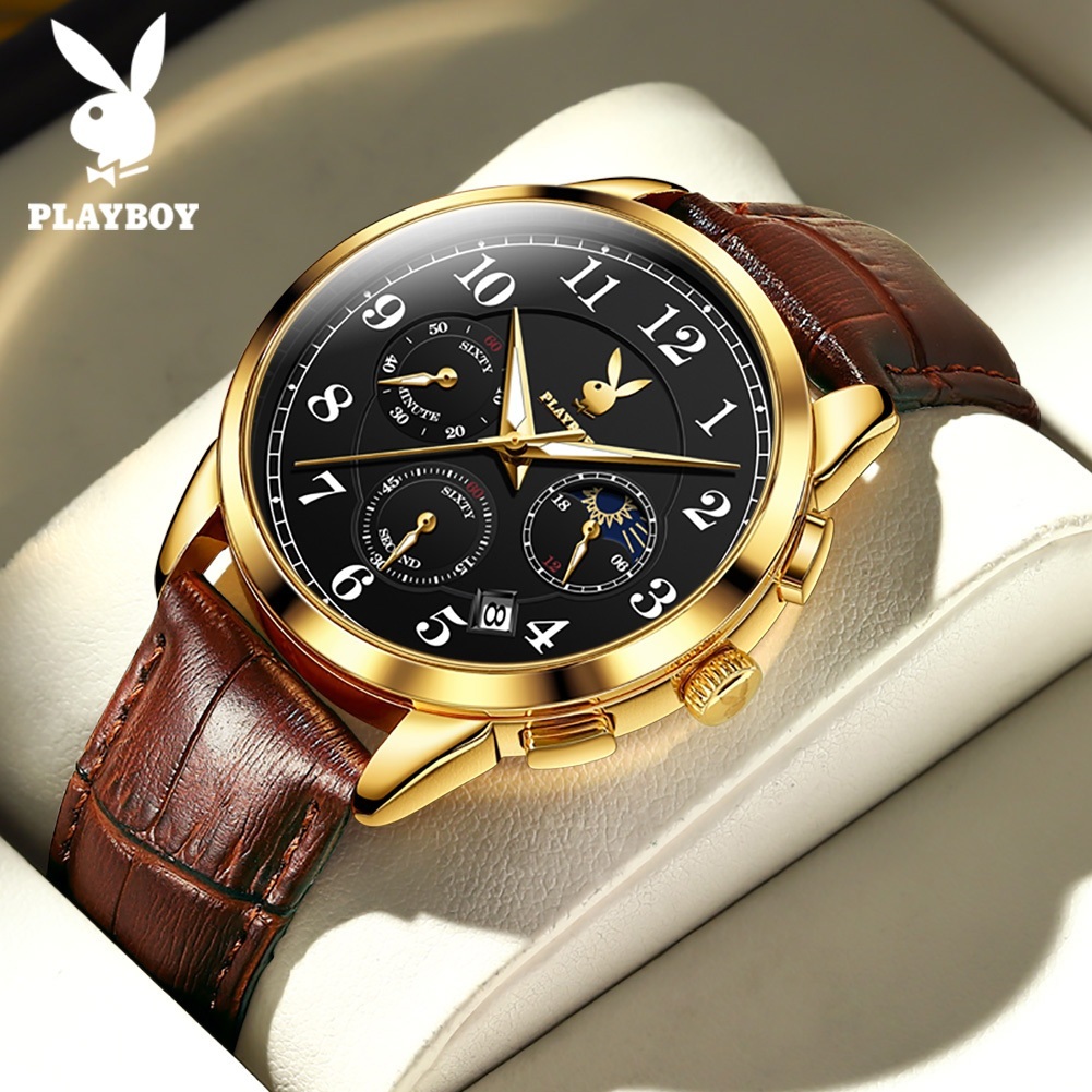 PLAYBOY 3027 สปอตสินค้า นาฬิกาข้อมือผู้ชาย กันน้ำ สายหนัง สไตล์ธุรกิจ โครโนกราฟ ส่องสว่าง สีฟ้า สีดำ สีขาว ทอง