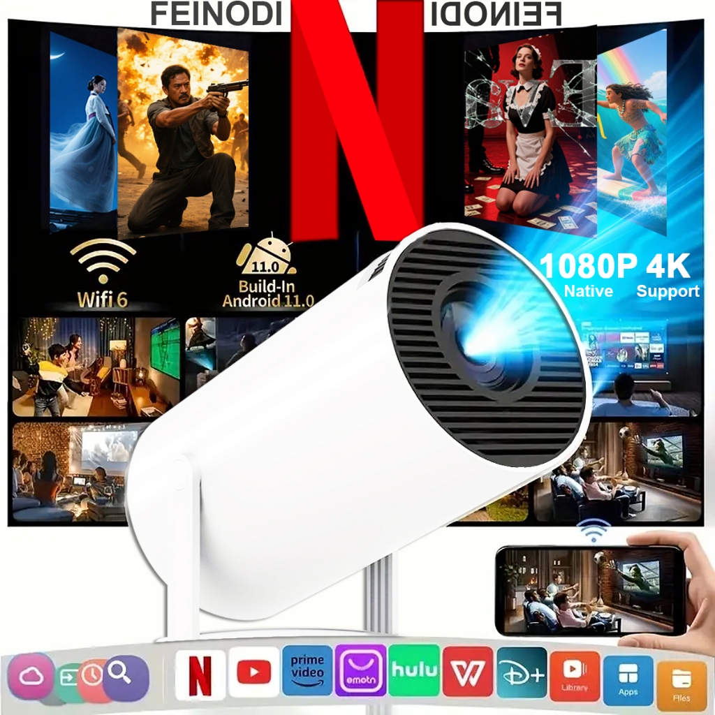 FEINODI HY300 แบบพกพา โปรเจคเตอร projector 4K Full HD 1080P  Android 11 5G WIFI บลูทูธ รองรับการมิเรอร์หน้าจอ เชื่อมต่อก