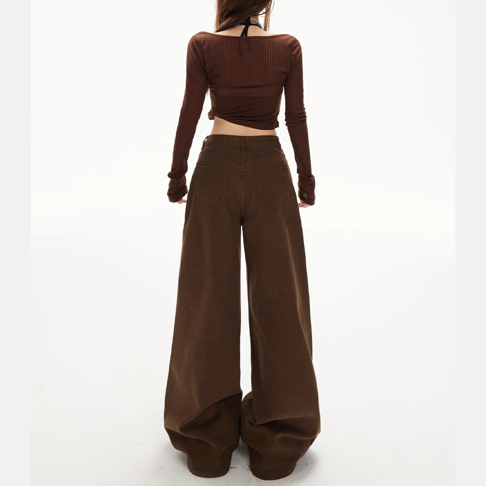 กางเกงยีนส์สำหรับผู้หญิง สีน้ำตาล ผ้าดี ชายสูง แบบพับรอย ทรงบานปลาย ใส่สบาย ผ้าเดนิม ฤดูร้อน - รูปที่ 3