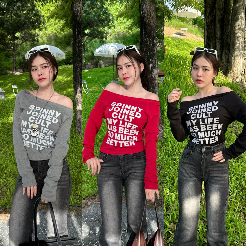 เสื้อปาดไหล่แขนยาว ปาดไหล่แขนยาว สกรีนลายแน่นๆ ผ้าร่องยืดเยอะ สาวอวบใส่ได้  รุ่น ปาดไหล่SPN JOINED