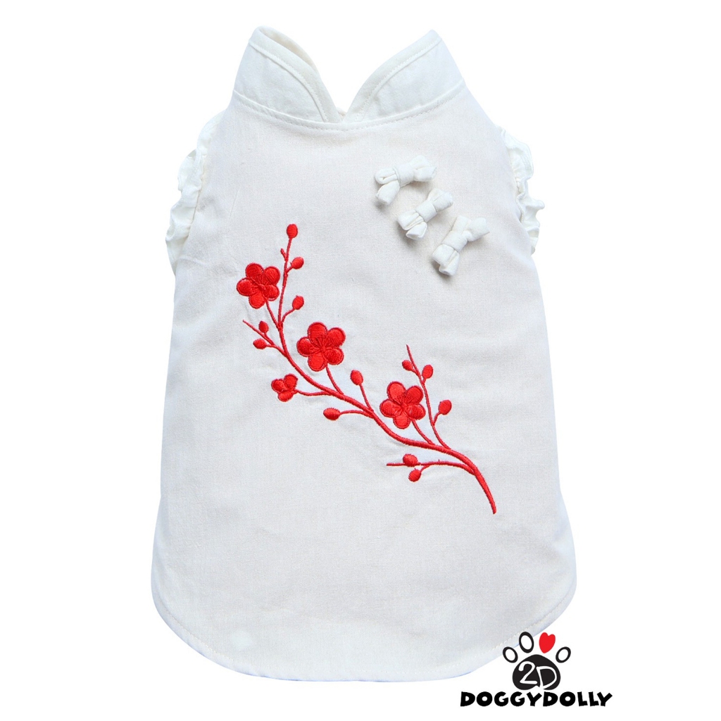 Pet clothes -Doggydolly  เสื้อผ้าแฟชั่น น้องหมาน้องแมว ชุดกระโปรง แขนกุด สีขาว กี่เพ้า อาหมวย ขนาดไซส์ 1-9โล D930