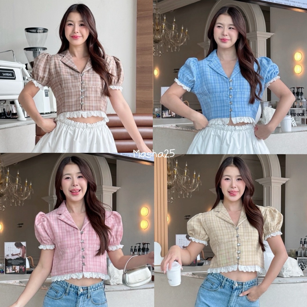 เชิ้ตครอป แขนตุ๊กตาแต่งลูกไม้ ลายสก็อต ป้ายcookie bear🐻(B77)