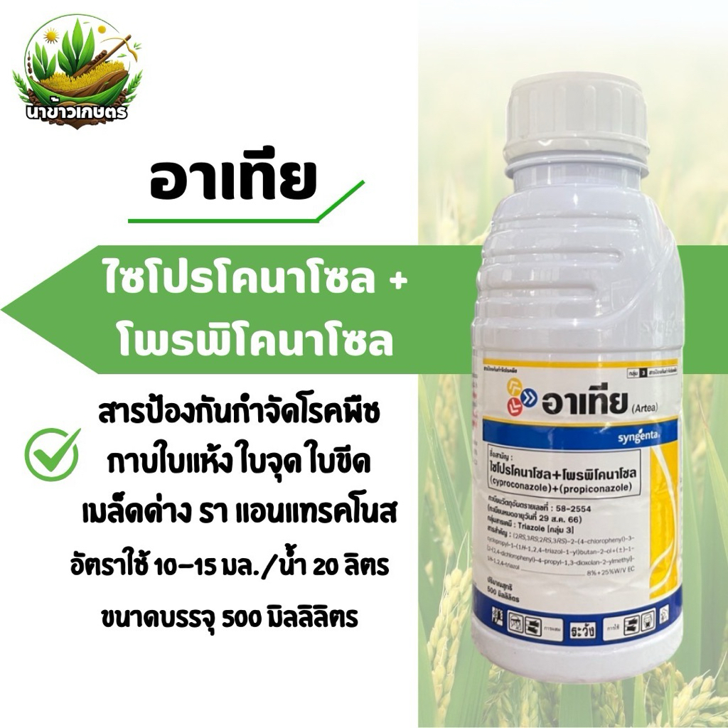 อาเทีย (ไซโปรโคนาโชล+โพรพิโคนาโซล) 500ซีซี ป้องกันกำจัดโรคพืช กาบใบแห้ง เมล็ดด่าง ใบจุด ใบขีด รา