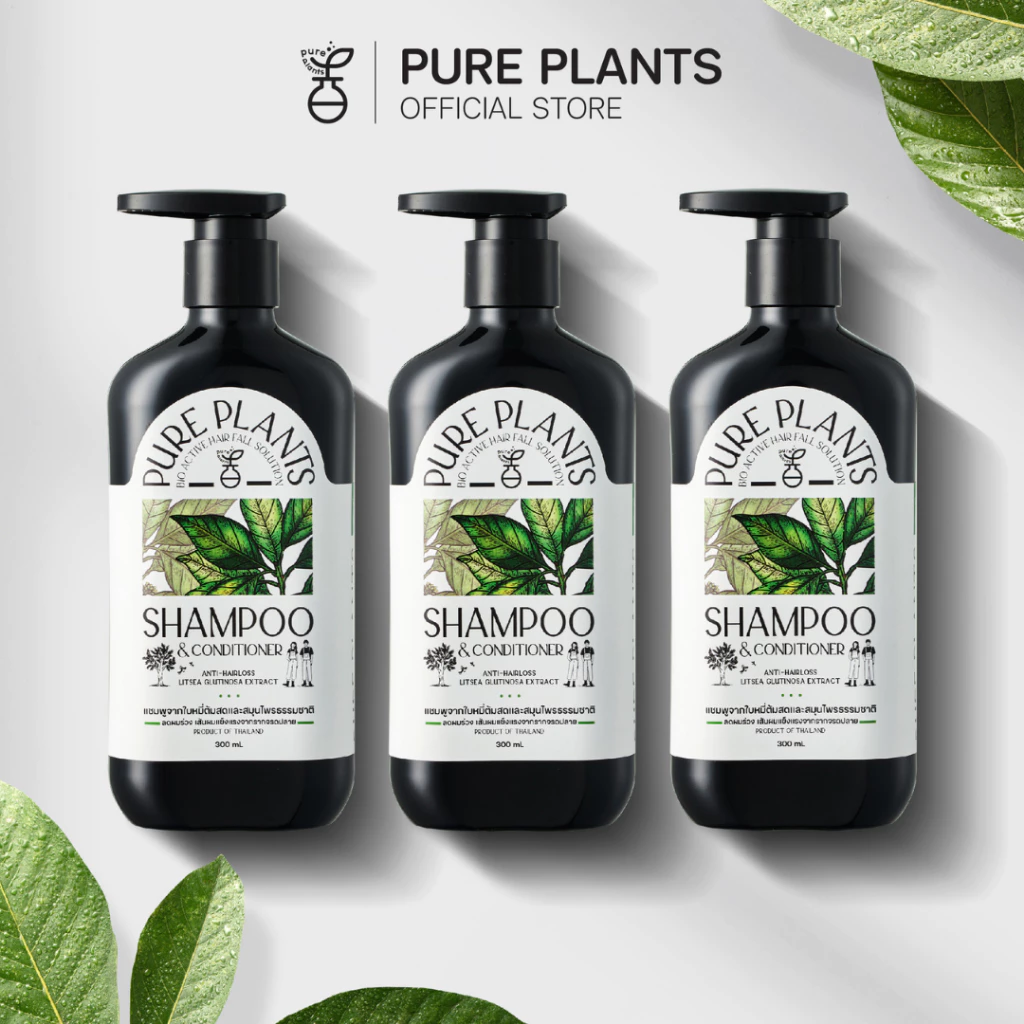 PURE PLANTS เพียว แพลนท์ แชมพูเซ็ต 3 ขวด สูตรลดผมร่วง จากสมุนไพรใบหมี่ต้มสด