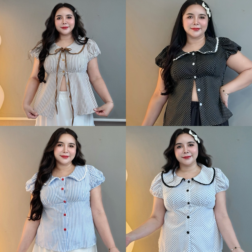 L39-S2H2💕 เสื้อเชิัตคอบัว แขนสั้น ลายริ้ว ผ้าคอสตอนทอ