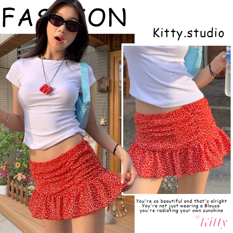 Kitty พร้อมส่ง❣️กระโปรงสั้นมินิ Skirt เอวสูง ทรงเอ ดูผอม สีแดง ลายดอกไม้เล็กๆ แฟชั่นผู้หญิง Y2K กระโปรงกางเกง มีซับใน