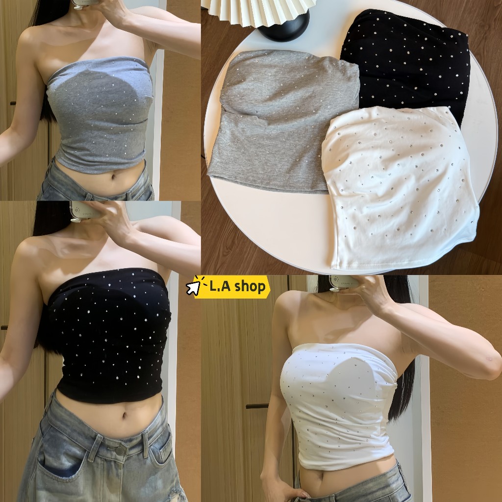 L.A Shop★พร้อมส่ง เสื้อเกาะอก แขนกุด มีฟองน้ำ ติดเพชรเล็ก เซ็กซี่"FY3552"