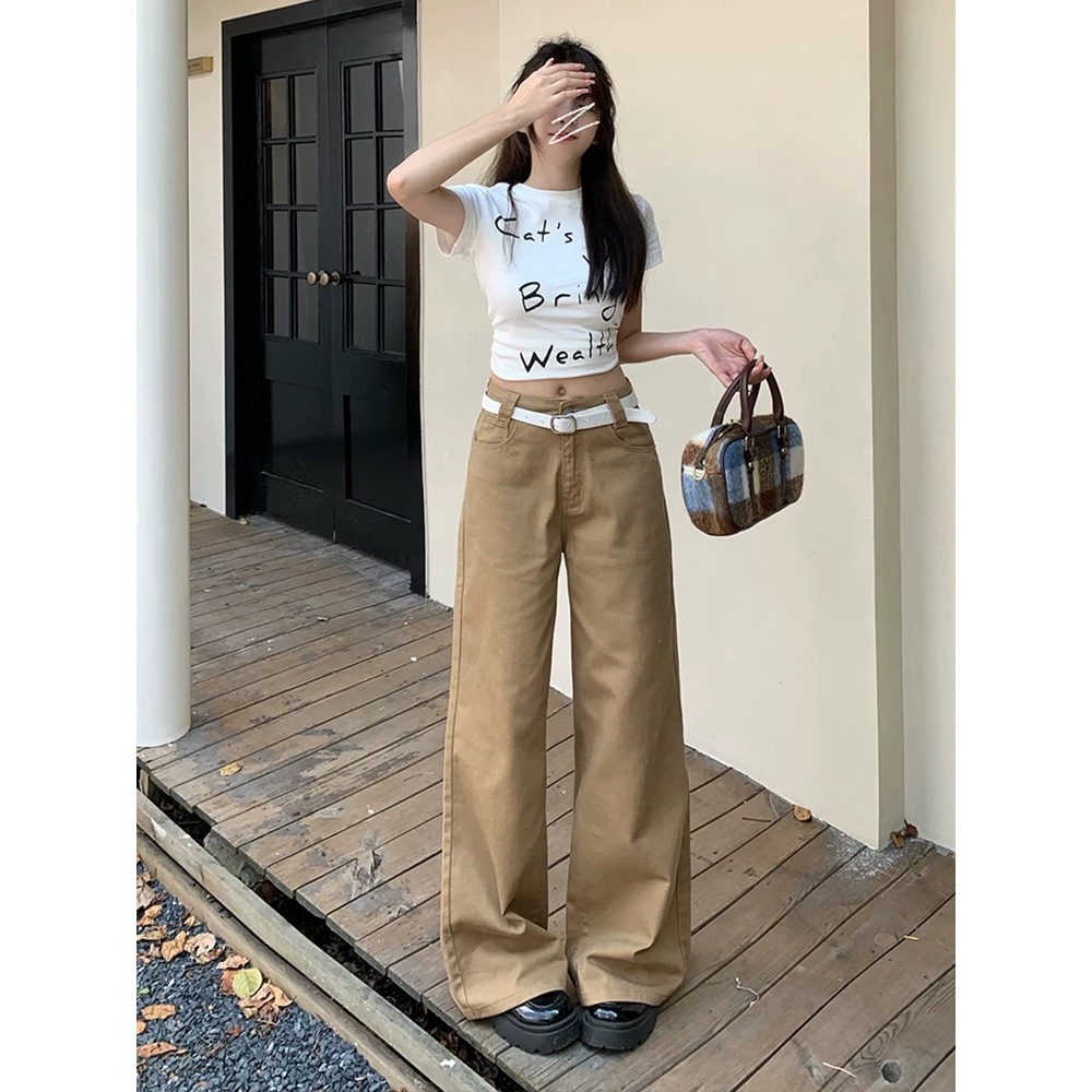 🎉กางเกงยีนส์ขาบานสไตล์เรโทร ทรงเดรปสไตล์อเมริกัน ทรงสาวฮอต สีน้ำตาล กางเกงขาบานเอวต่ำ - รูปที่ 2