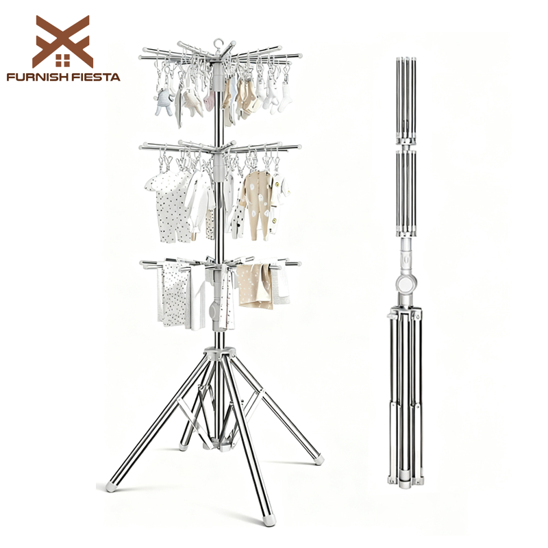 FurnishFiesta ราวตากผ้าสแตนเลส 304 ราวแขวนเสื้อผ้าเด็ก กันสนิม พับเก็บได้ หมุน 360° สำหรับตากผ้าเด็ก ผ้าอ้อม ถุงเท้า
